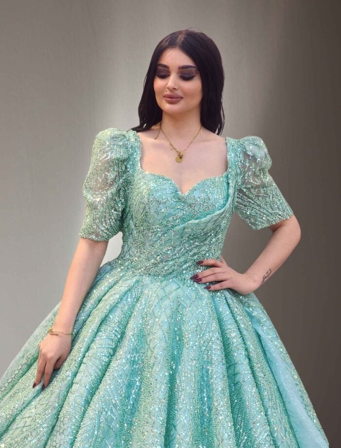 short sleeves beaded lace ball gown dress mint green