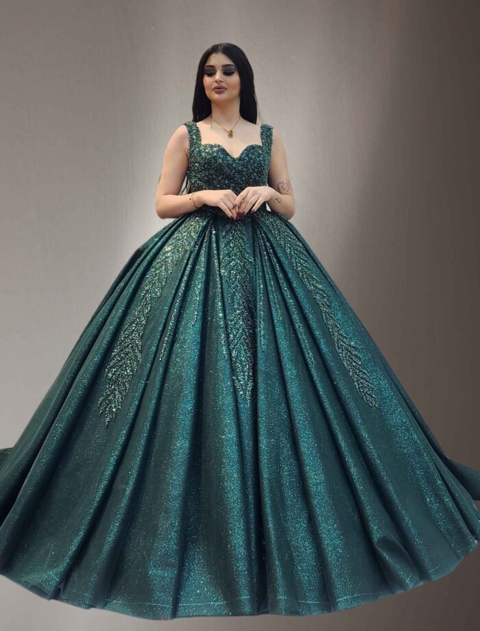 off shoulders embroidered lace ball gown dark green - Image 2