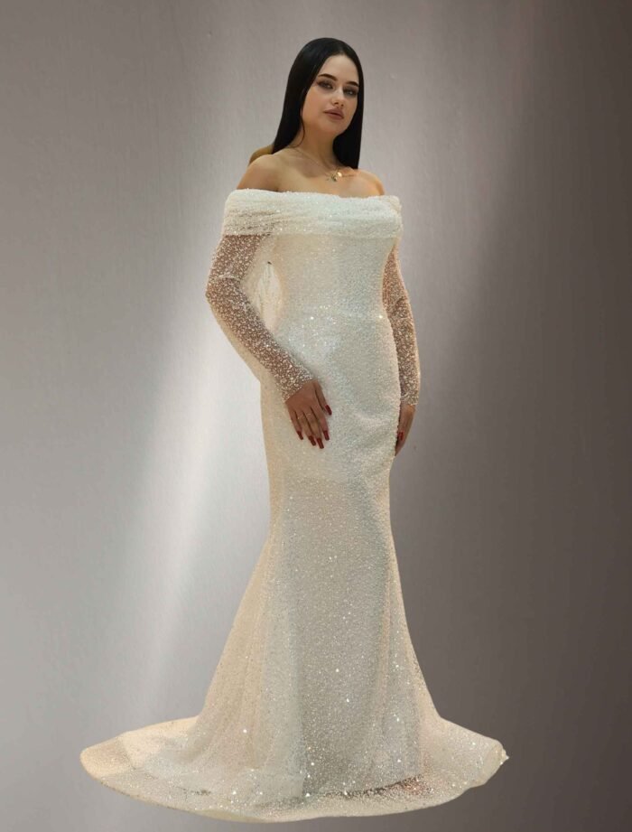 Off-Shoulder Beaded Wedding Dress with Draped Sleeves - Image 2