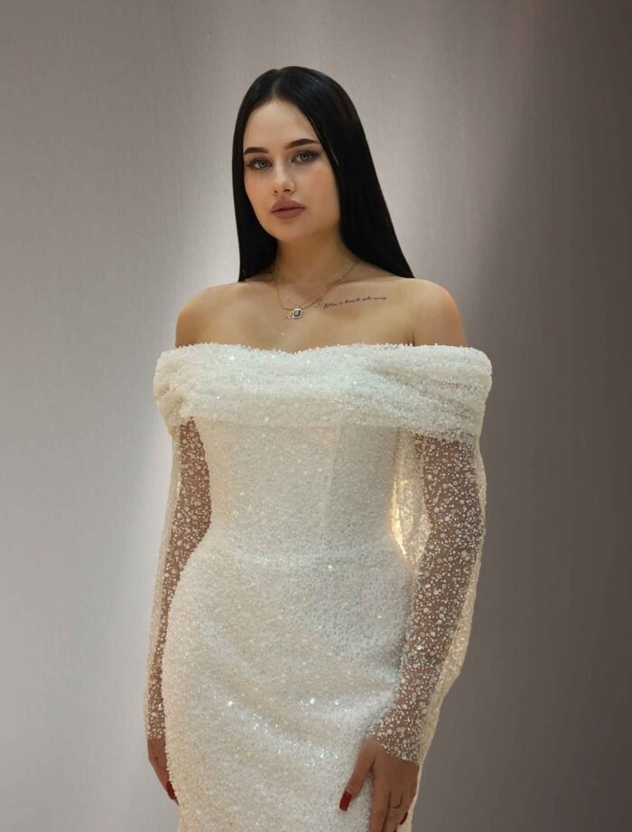 Off-Shoulder Beaded Wedding Dress with Draped Sleeves