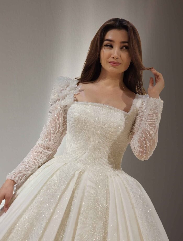 Square Neck Lace Wedding Dress – Long Sleeves