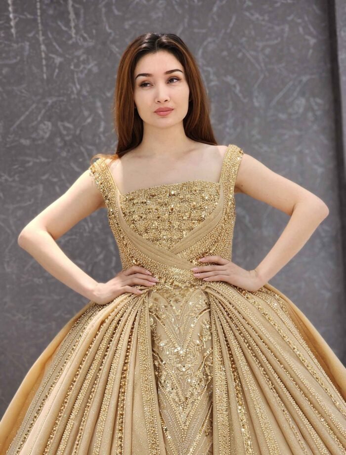 gold sleeveless sparkly beaded tulle corset one shoulder Quinceanera dress