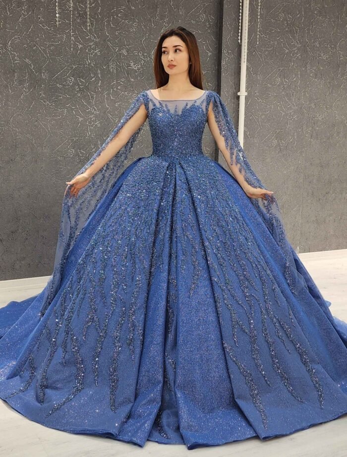 Light blue sparkly beaded tulle corset one shoulder Quinceanera dress - Image 2