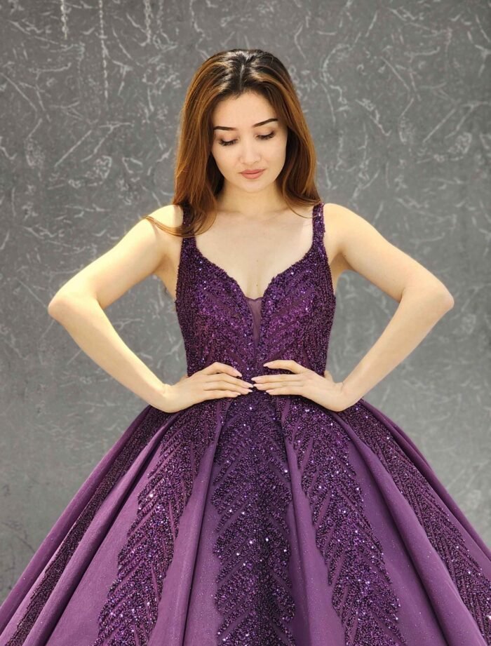 purple sparkly beaded tulle corset one shoulder Quinceanera dress