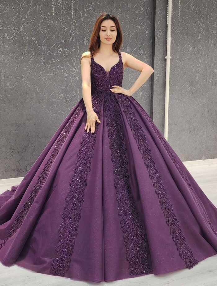 purple sparkly beaded tulle corset one shoulder Quinceanera dress - Image 2