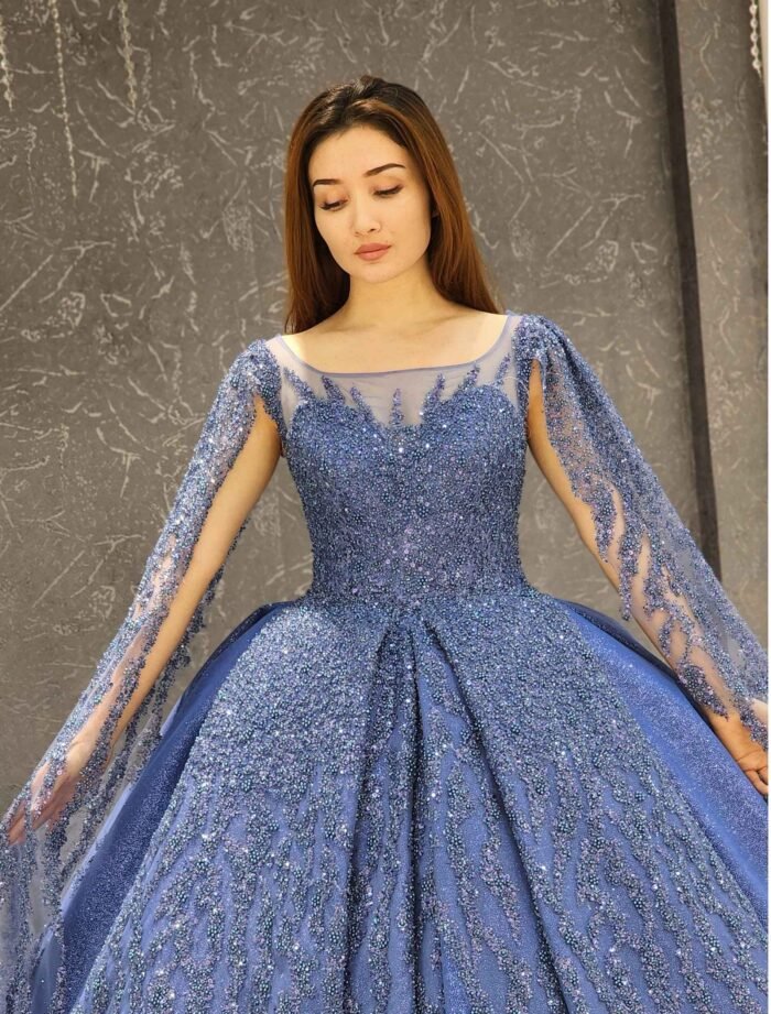 Light blue sparkly beaded tulle corset one shoulder Quinceanera dress