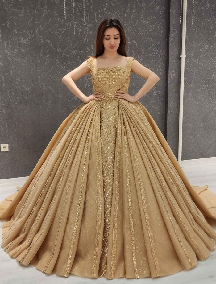 gold sleeveless sparkly beaded tulle corset one shoulder Quinceanera dress - Image 2