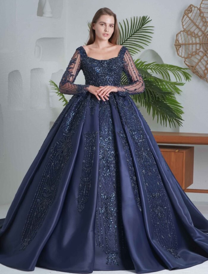 Elegant navy blue ball gown with long sleeves and glitter embroidery. - Image 2