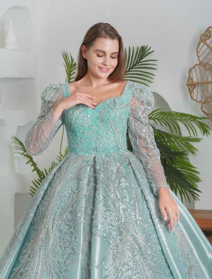 Mint Green Ball Gown with Sheer Sleeves