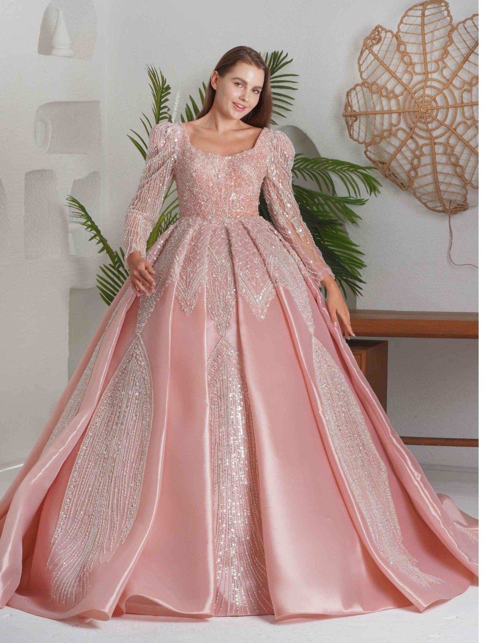 Romantic blush pink ball gown with sheer sleeves and glitter embroidery. - Image 2