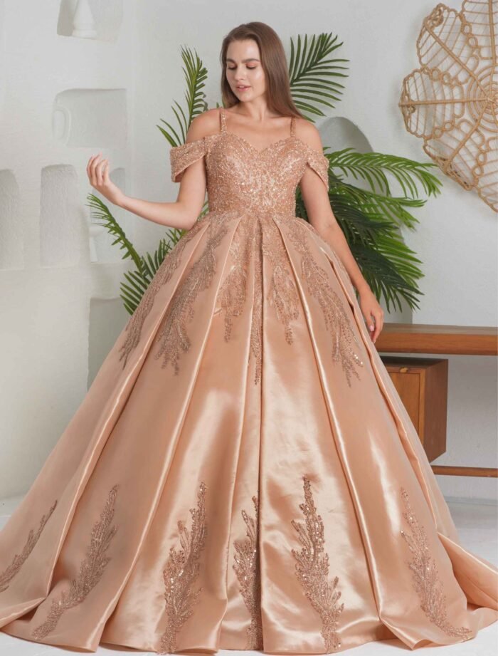 Champagne gold ball gown with off-shoulder neckline and glitter embroidery - Image 2