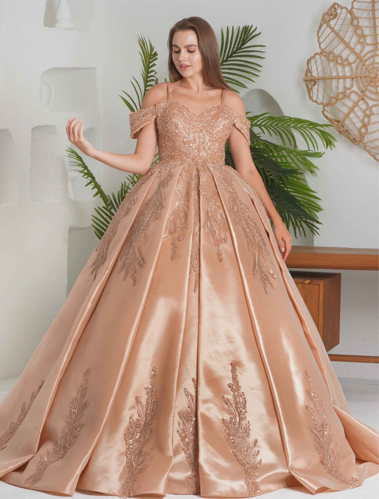 Champagne gold ball gown with off-shoulder neckline and glitter embroidery - Image 2