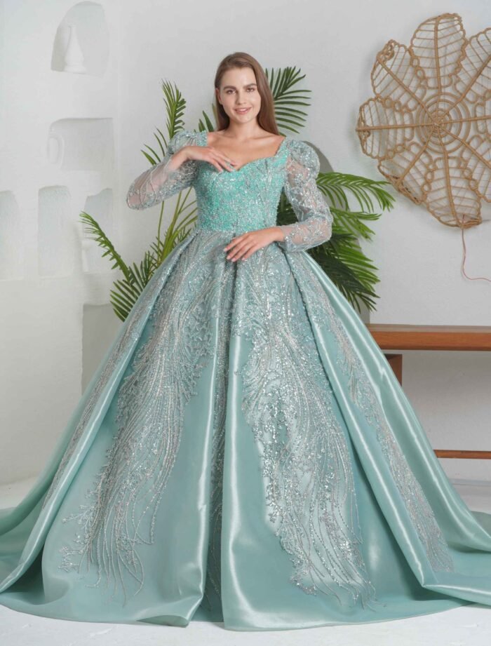 Mint Green Ball Gown with Sheer Sleeves - Image 2