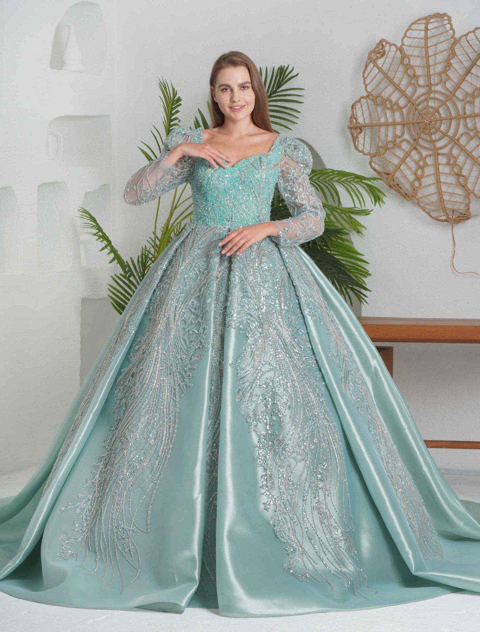 Mint Green Ball Gown with Sheer Sleeves - Image 2