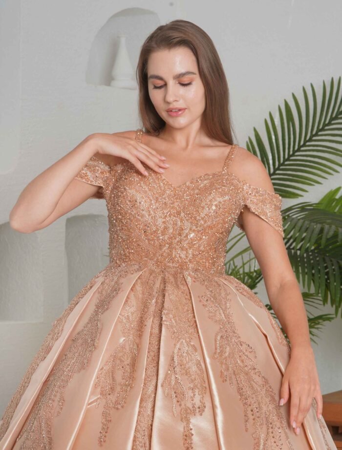 Champagne gold ball gown with off-shoulder neckline and glitter embroidery