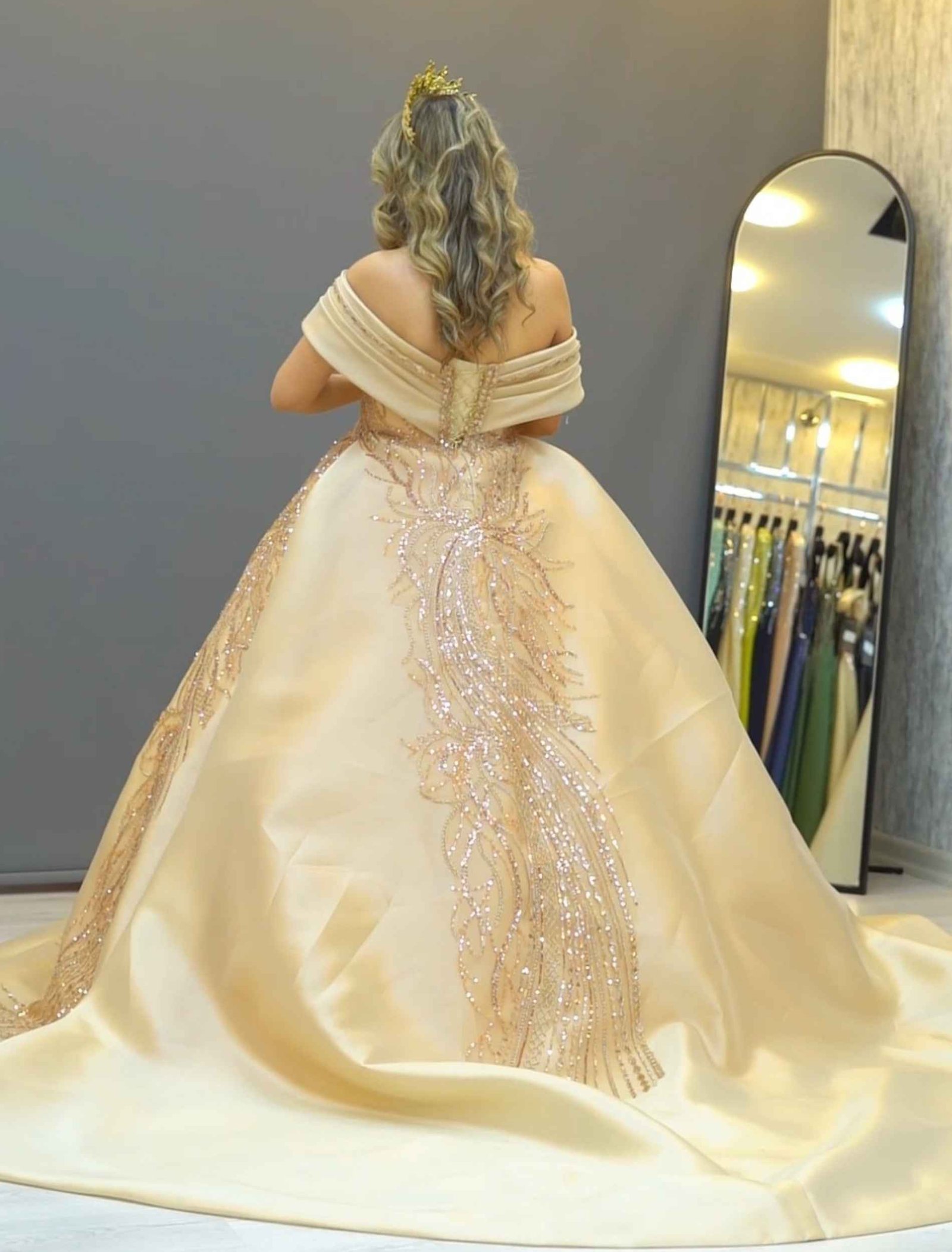 Champagne gold ball gown with off-shoulder neckline and glitter embroidery - Image 3