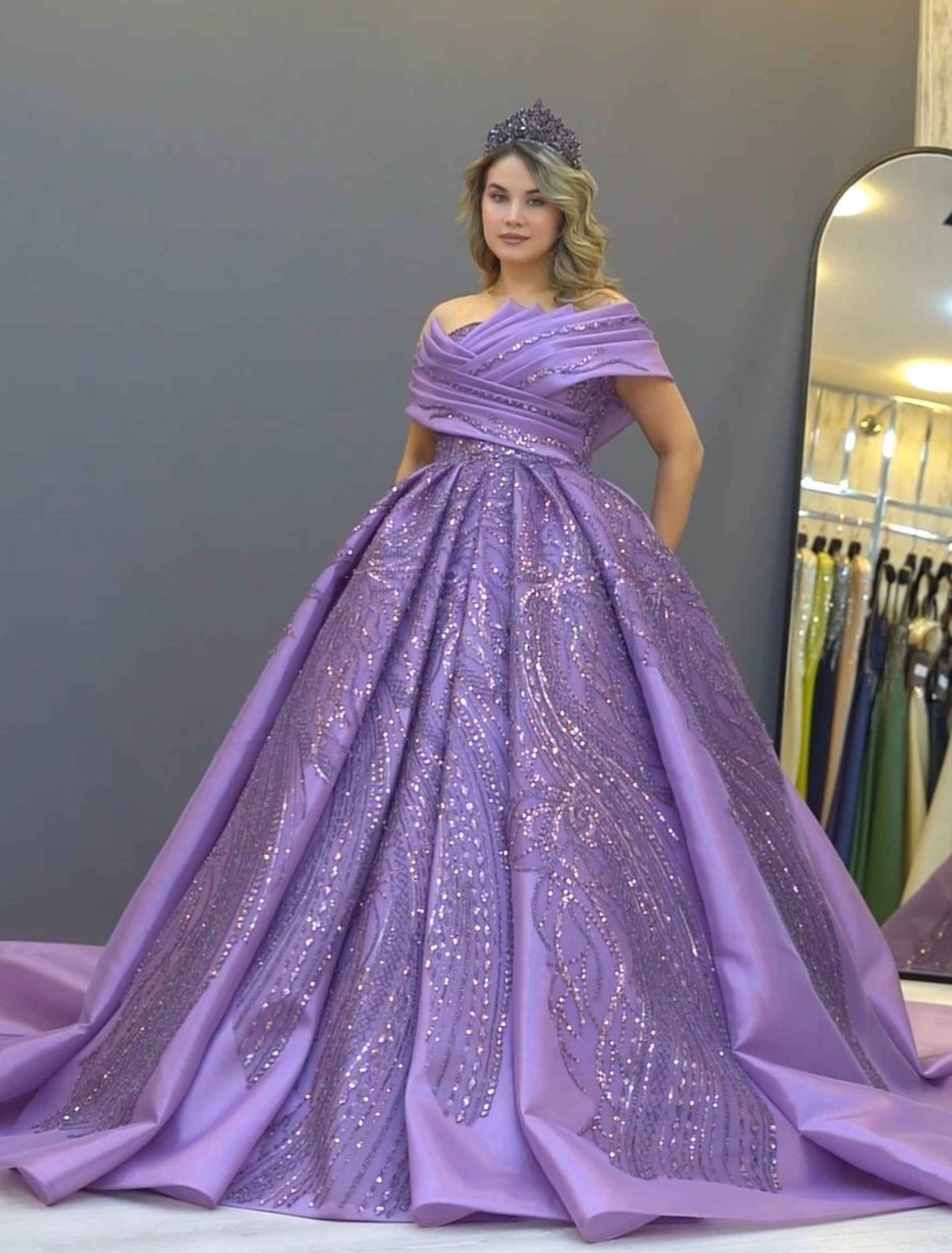 lilac off-shoulders ball gown with glitter embroidery - Image 2