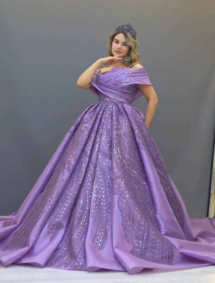 lilac off-shoulders ball gown with glitter embroidery