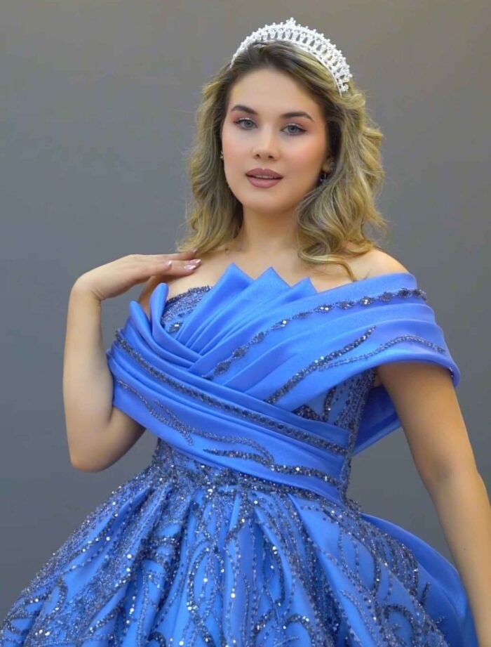 Elegant blue ball gown and glitter embroidery.
