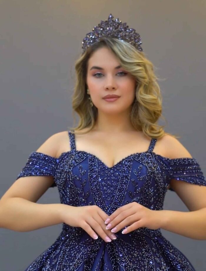 Elegant navy blue ball gown and glitter embroidery.