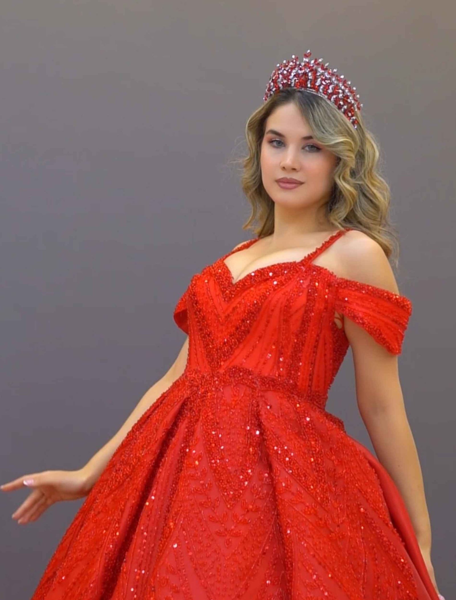 Red  Embroidered Ball Gown