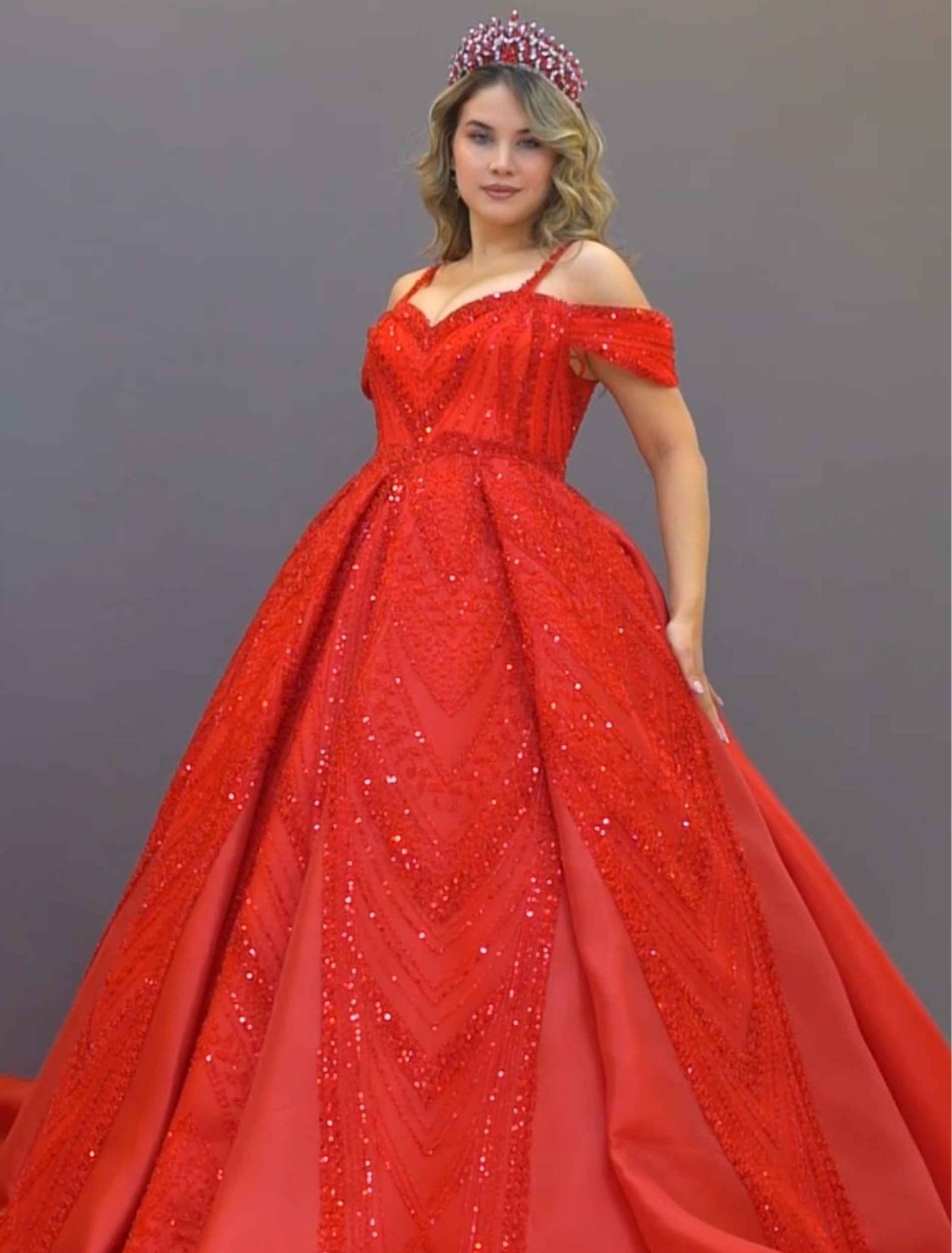 Red  Embroidered Ball Gown - Image 2