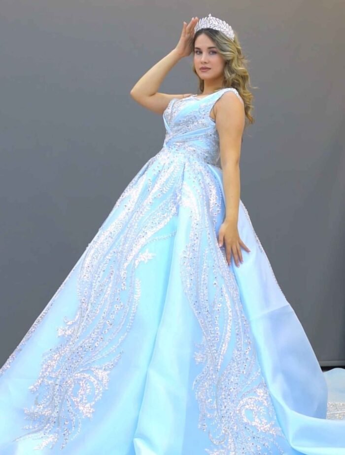 Ice blue ball gown  and shimmering embroidery. - Image 2