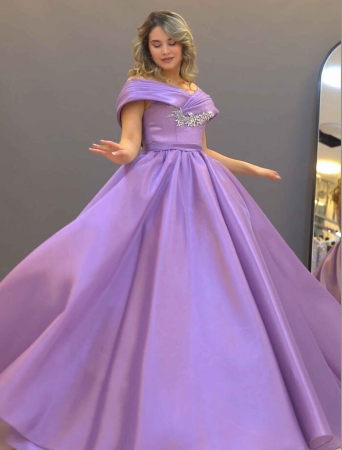 lilac off-shoulders Satin Ball Gown - Image 2