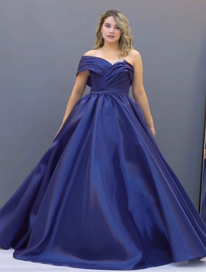 Navy Blue Satin Ball Gown - Image 2