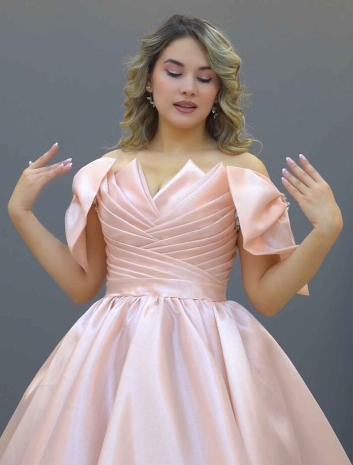 Blush Pink Off-Shoulder Satin Ball Gown - Image 3