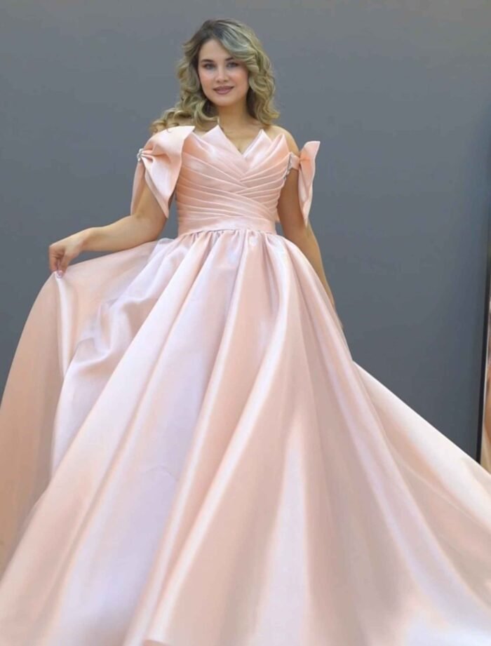 Blush Pink Off-Shoulder Satin Ball Gown - Image 2