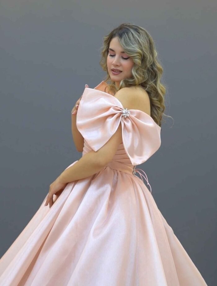 Blush Pink Off-Shoulder Satin Ball Gown
