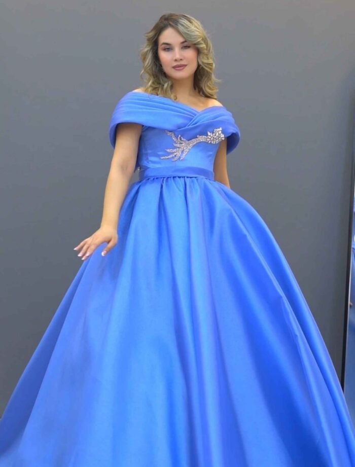 Royal Blue Off-Shoulder Satin Ball Gown - Image 2