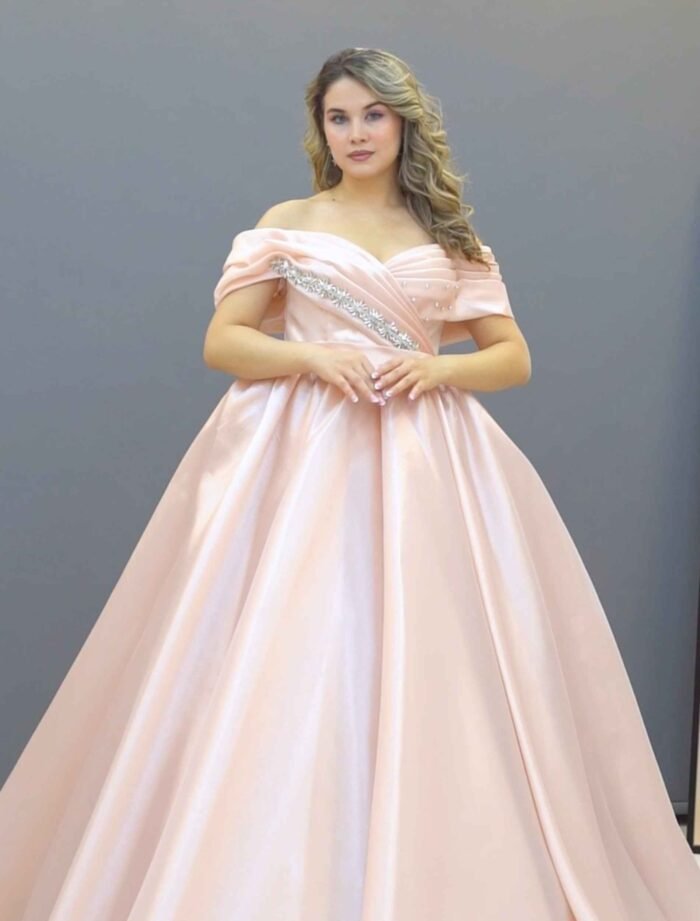 Blush Pink Off-Shoulder Satin Ball Gown - Image 3