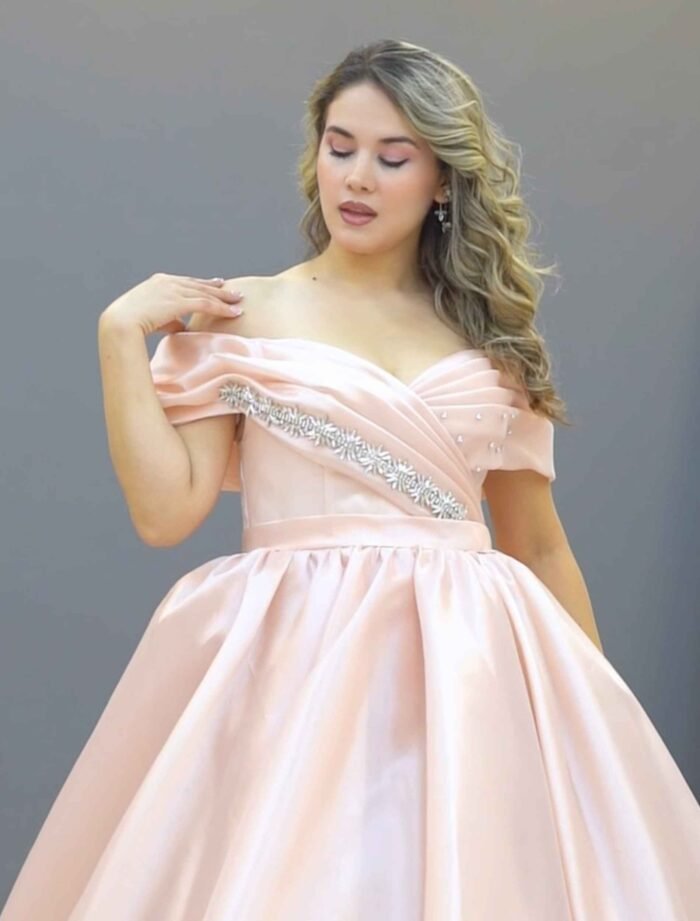 Blush Pink Off-Shoulder Satin Ball Gown
