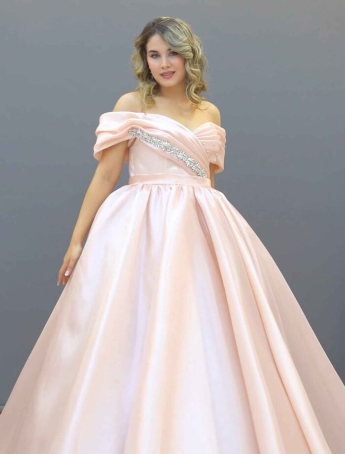 Blush Pink Off-Shoulder Satin Ball Gown - Image 2