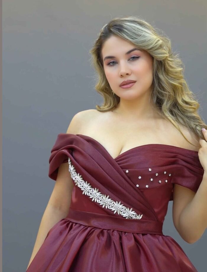 Burgundy Off-Shoulder Satin Ball Gown
