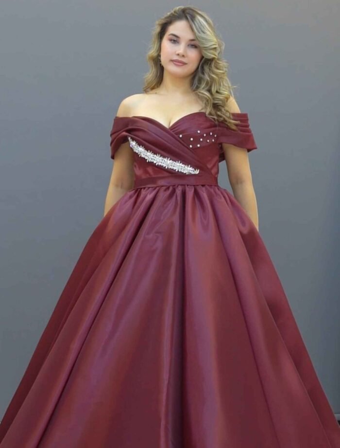 Burgundy Off-Shoulder Satin Ball Gown - Image 2