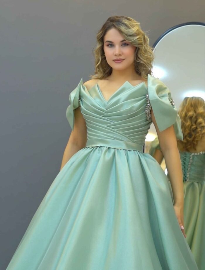 Mint Green Pleated Satin Ball Gown