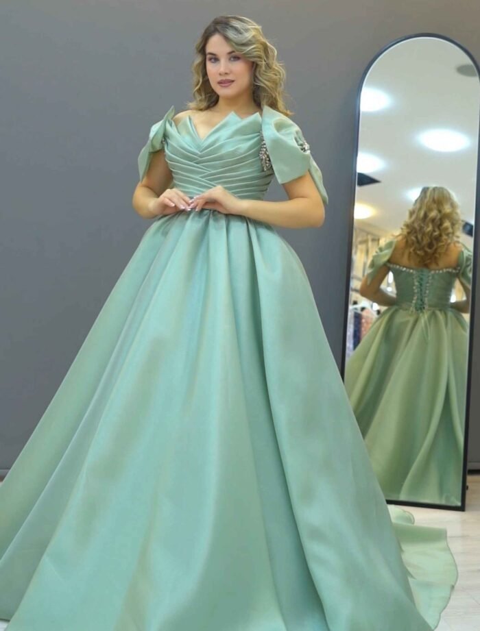 Mint Green Pleated Satin Ball Gown - Image 3