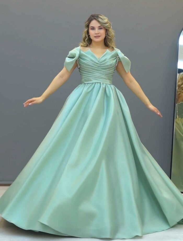 Mint Green Pleated Satin Ball Gown - Image 2