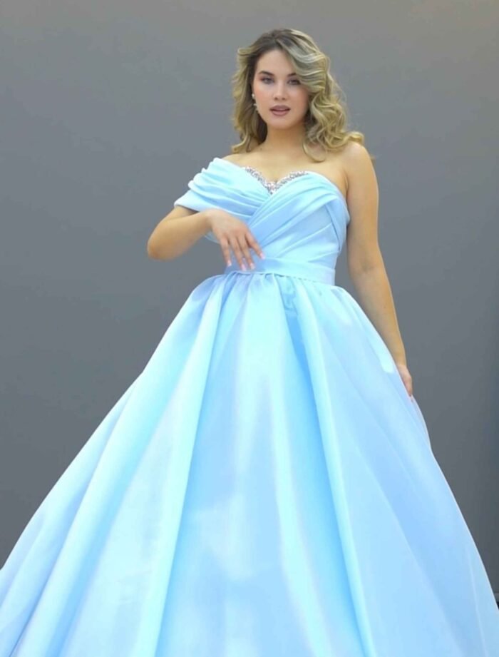 baby Blue Off-Shoulder Satin Ball Gown - Image 3