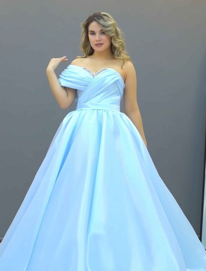 baby Blue Off-Shoulder Satin Ball Gown - Image 2
