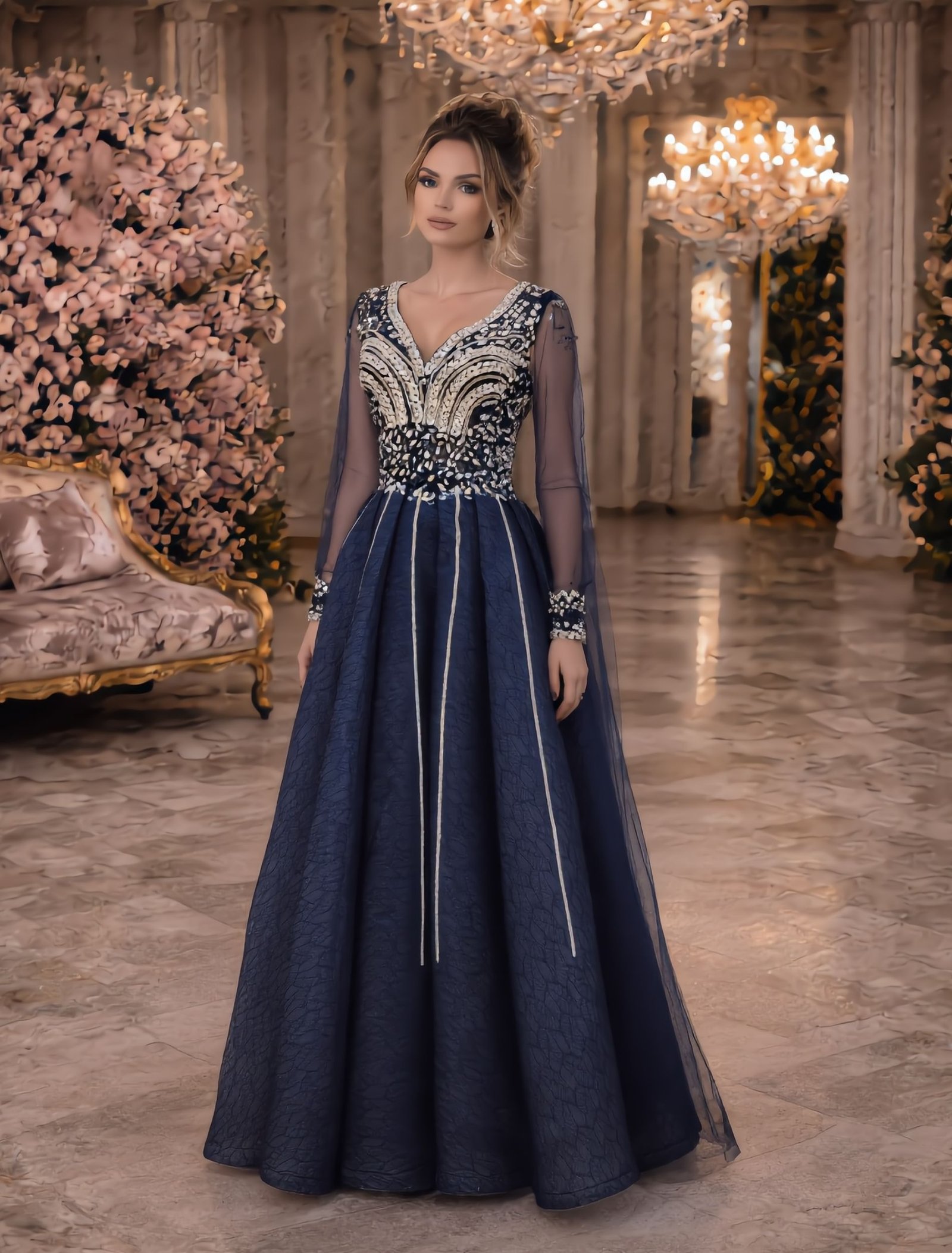 Navy Embellished Luxury Evening Dress