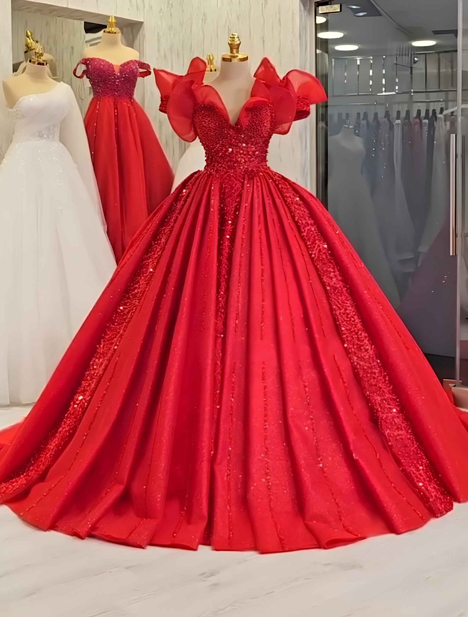 Red Embroidered Ball Gown - Image 2